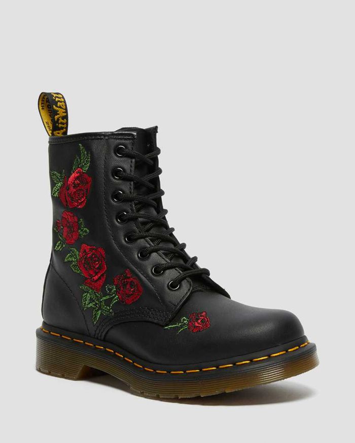 Dr Martens Womens 1460 Vonda Floral Leather Lace Up Ankle Boots Black - 69204ZEMB